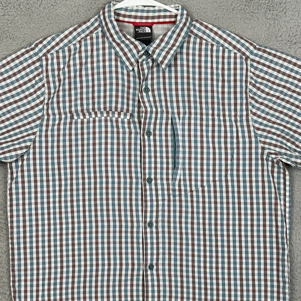 The North Face Shirt Men Large Teal Brown Plaid Button Up Hiking Outdoor Stretch